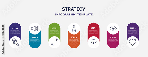 infographic template with icons and 7 options or steps. infographic for strategy concept. included human resources, speaker, path, startup, briefcase, racing, heart icons.