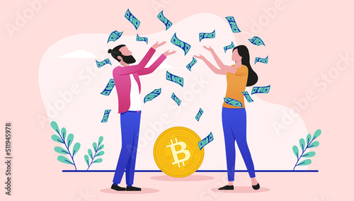 Financial freedom with Bitcoin - Two people, man and woman making money on crypto currencies and cheering. Flat design vector illustration