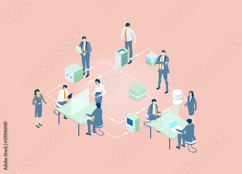 Business people working together, solving the problems, making decisions and progress. Isometric environment  illustration © IRStone