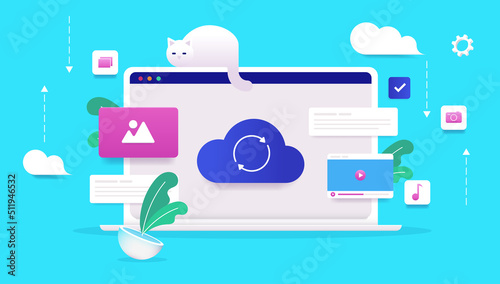 Computer cloud - Laptop with online cloud service synching, vector illustration