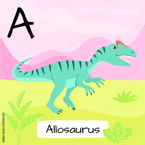 Allosaurus dinosaur. Letter A. Children s alphabet education. Vector illustration of a prehistoric dinosaur.