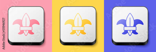 Isometric Fleur de lys or lily flower icon isolated on pink, yellow and blue background. Square button. Vector