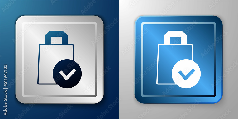 White Paper shopping bag icon isolated on blue and grey background. Package sign. Silver and blue square button. Vector White Paper shopping bag icon isolated on blue and grey background. Package sign. Silver and blue square button. Vector