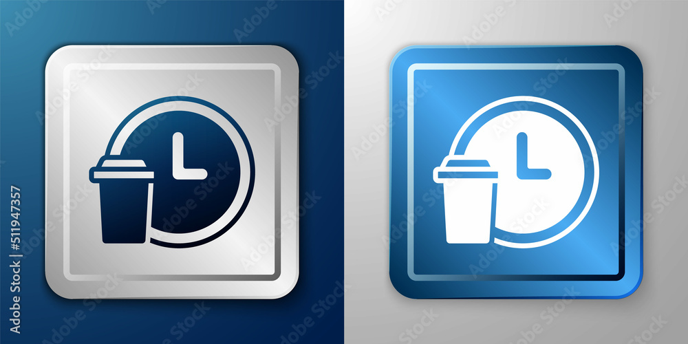 White Round the clock delivery icon isolated on blue and grey background. Silver and blue square button. Vector White Round the clock delivery icon isolated on blue and grey background. Silver and blue square button. Vector