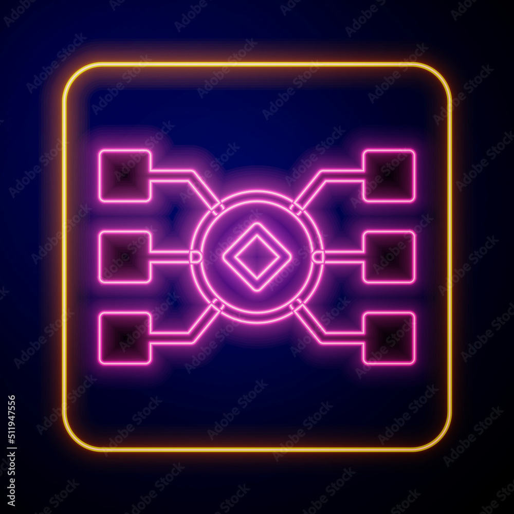 Glowing neon Neural network icon isolated on black background. Artificial intelligence AI. Vector