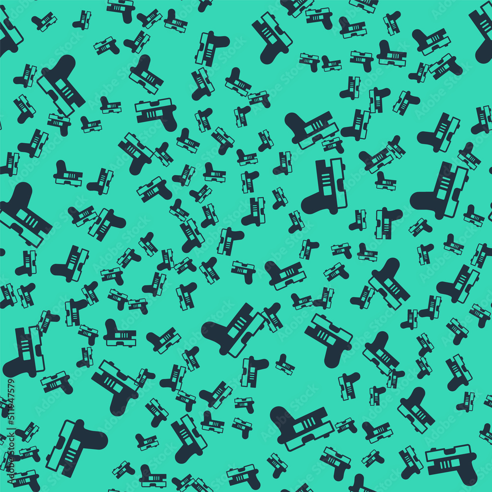 Black Futuristic space gun blaster icon isolated seamless pattern on green background. Laser Handgun. Alien Weapon. Vector Black Futuristic space gun blaster icon isolated seamless pattern on green background. Laser Handgun. Alien Weapon. Vector