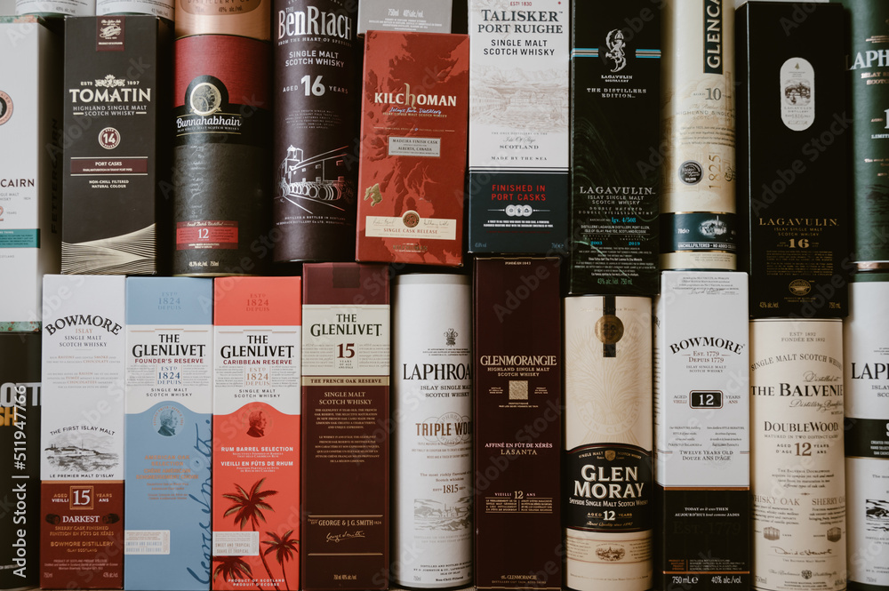 Calgary, Alberta June 19, 2022 Single malt scotch whisky display boxes and tubes as