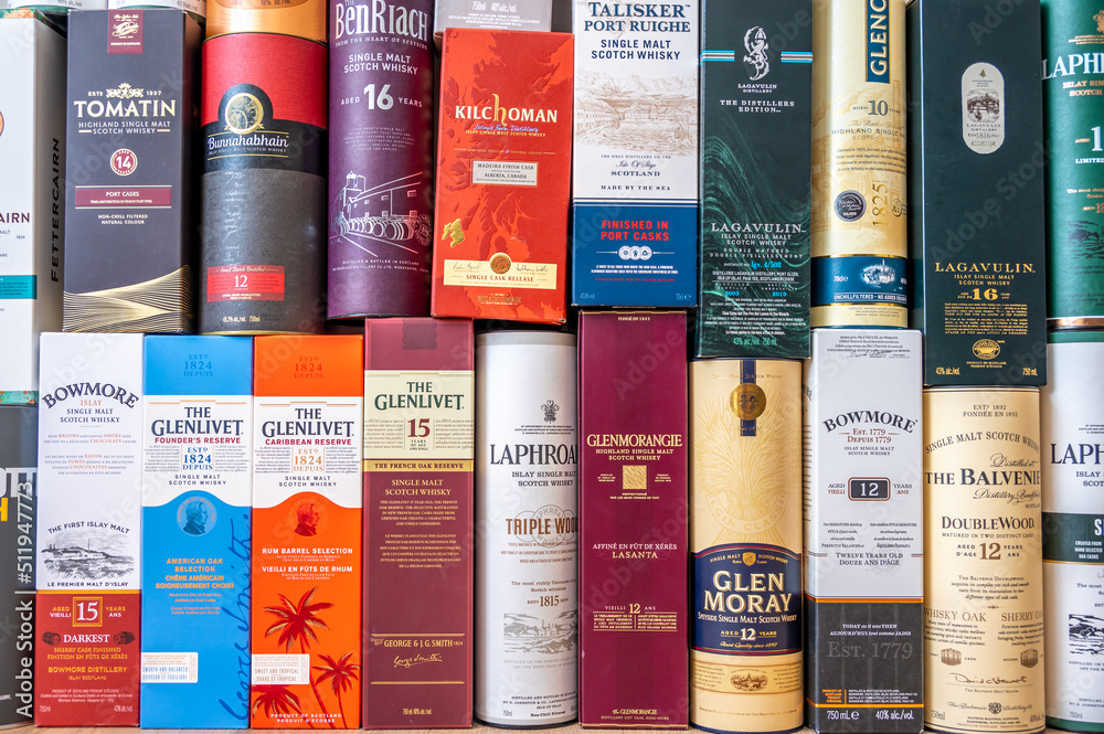 Calgary, Alberta June 19, 2022 Single malt scotch whisky display