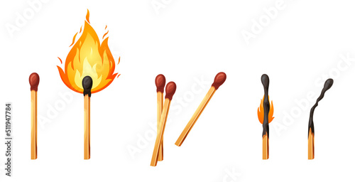 Burnt match stick with fire. Set of matchsticks with sulfur head flaming stages from ignition to extinction. Cartoon spark bonfire vector illustration