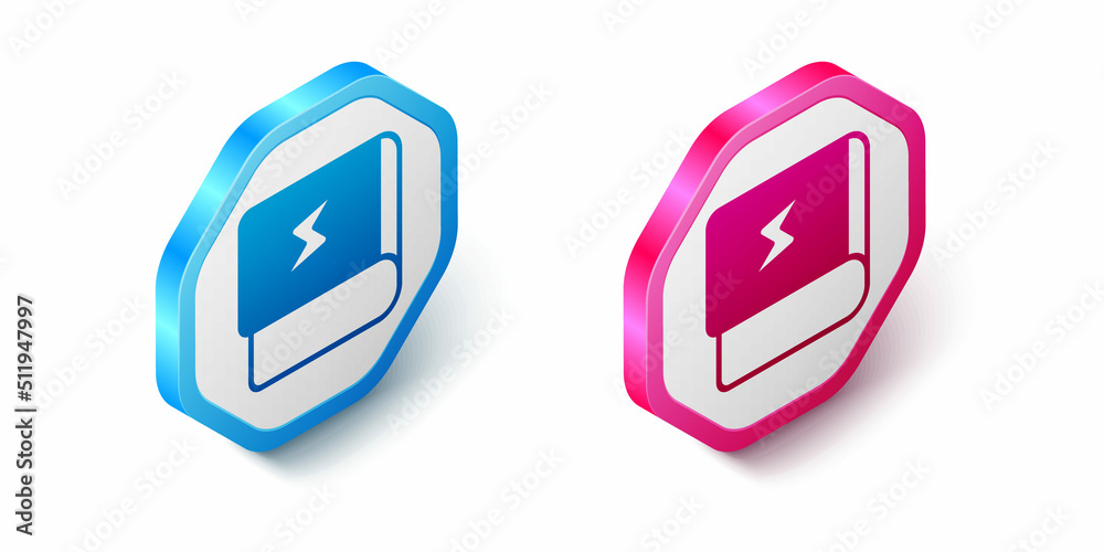 Isometric Book about electricity icon isolated on white background. Hexagon button. Vector Isometric Book about electricity icon isolated on white background. Hexagon button. Vector
