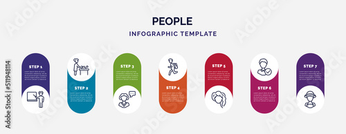 infographic template with icons and 7 options or steps. infographic for people concept. included school teacher, baby changing, monologue, backpacker running, woman hair, good employee, farmers