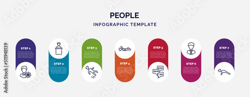 infographic template with icons and 7 options or steps. infographic for people concept. included layer working, speaker in a conference, slide down, iying down, chat group, business tie, push ups