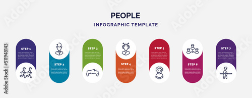 infographic template with icons and 7 options or steps. infographic for people concept. included group of men running, rethink, man hair, japanese geisha, pierrot, businessmen hierarchy,