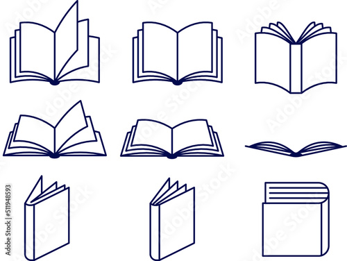 Open book side perspective drawing icons. Minimal side book, Notebook on the side, laying down book symbol. Geometric design 