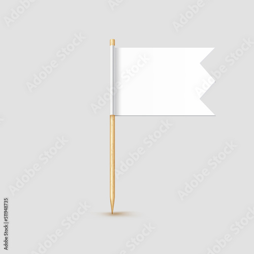 Toothpick flag isolated on wood stick with white paper. Realistic little tooth pick for lunch. Vector cocktail decoration