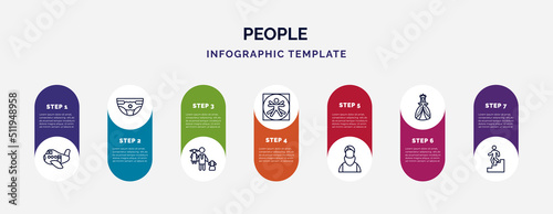 infographic template with icons and 7 options or steps. infographic for people concept. included aviation, baby with diaper, man girl and dog, vitruvian man, muslim man, princes, walking downstairs