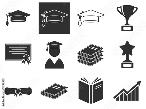 Education icons set. Detailed set of education element icons book, graduation cap, journal, teacher, up arrows, graduation hat, diploma