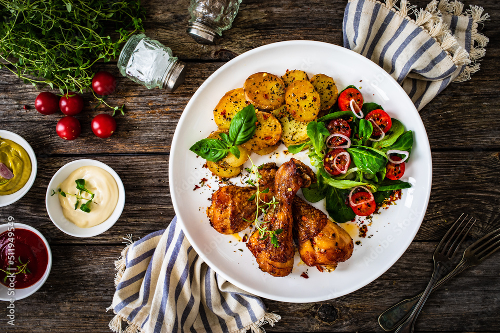 Barbecue chicken drumsticks with fried potato, lettuce and mini tomatoes on wooden table
