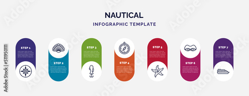 infographic template with icons and 7 options or steps. infographic for nautical concept. included wind rose, big shell, fish shaped bait, compass inclined, starfish, swin goggle, ferry facing right
