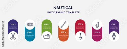 infographic template with icons and 7 options or steps. infographic for nautical concept. included paddles, rubber raft, water resist camera, oars, buoy, fishing hook, water resist watch icons.