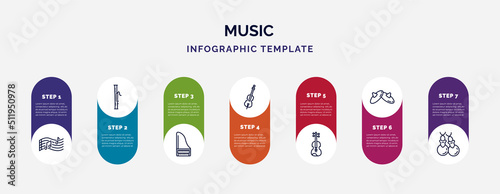 infographic template with icons and 7 options or steps. infographic for music concept. included melody, bassoon, harpsichord, violoncello, viola, cymbals, castanets icons. photo