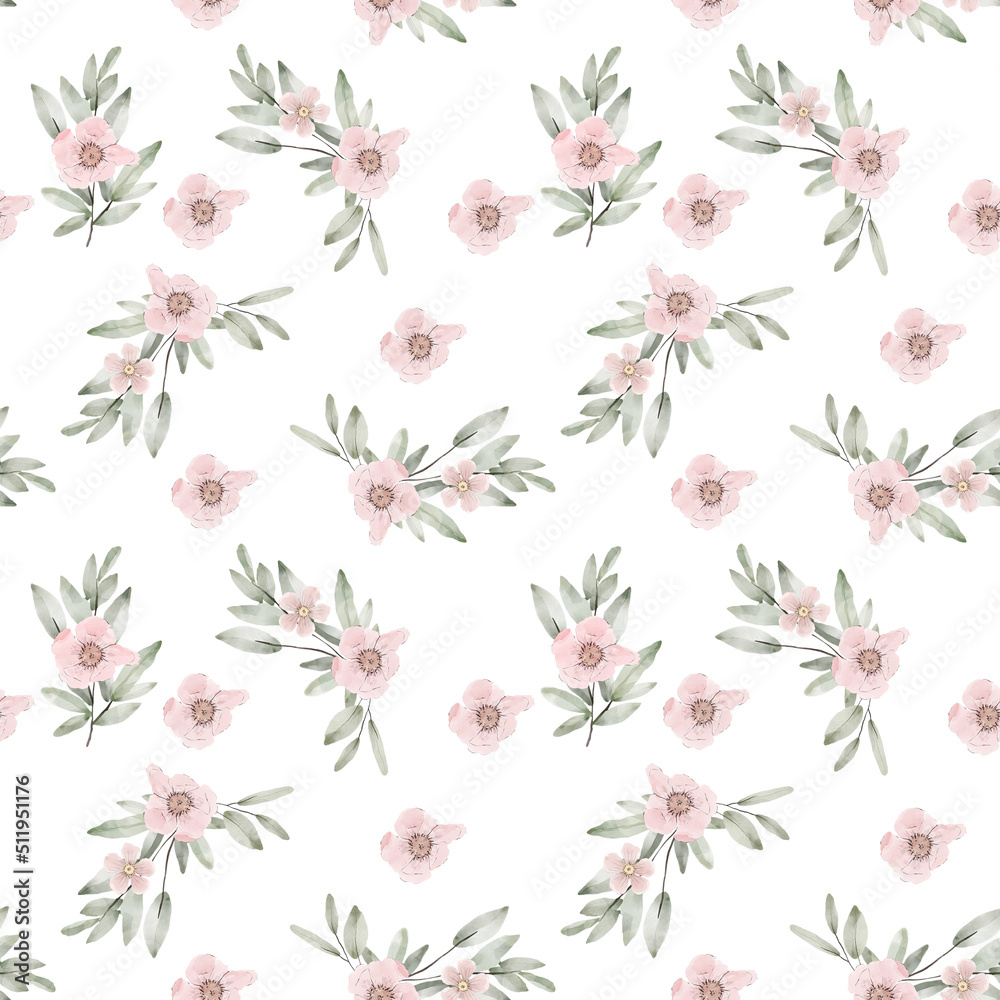 Floral Seamless Pattern - watercolor, rose, unicorn, flowers, leaves, rainbow, cloud, cat, kitty