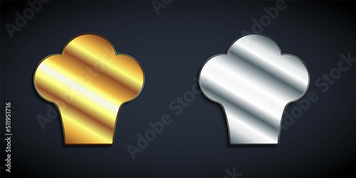 Gold and silver Chef hat icon isolated on black background. Cooking symbol. Cooks hat. Long shadow style. Vector