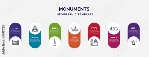 infographic template with icons and 7 options or steps. infographic for monuments concept. included palais garnier, united states capitol, philippines, notre dame cathedral, blue domed churches, al