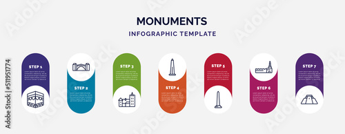 infographic template with icons and 7 options or steps. infographic for monuments concept. included kaaba building, stari most, bran castle, obelisk of bue aires, national mall, moscow, pyramid of