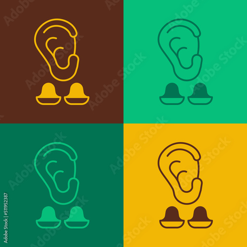 Pop art Earplugs and ear icon isolated on color background. Ear plug sign. Noise symbol. Sleeping quality concept. Vector