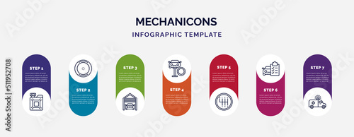 infographic template with icons and 7 options or steps. infographic for mechanicons concept. included change car oil, car wheel, car inside a garage, changing tire, driving gear controls, repair