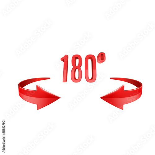 Red glossy 3D curve arrows and 180 degrees sing. Arrow vector icon. 3d vector icon.