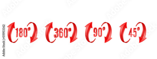 Red glossy 3D curve arrows and rotation angle degrees sing. Arrow vector icon set. 3d vector icon.