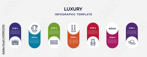 infographic template with icons and 7 options or steps. infographic for luxury concept. included cottage, ruby, gold bar, earrings, throne, old car, bowler hat icons.