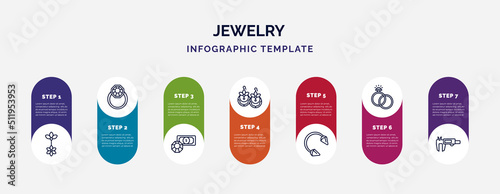 infographic template with icons and 7 options or steps. infographic for jewelry concept. included belly piercing, jewelry, pawn shop, earring, piercing, engagement, measurement icons.