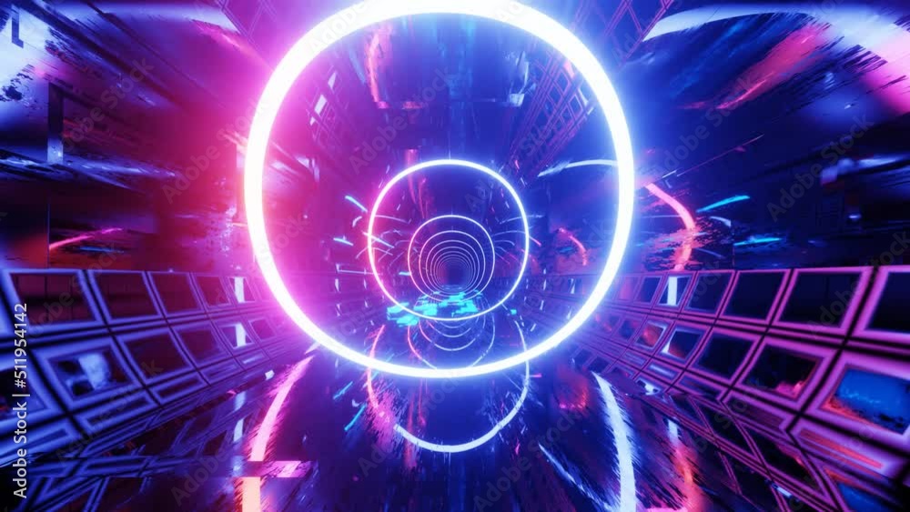 Hi-tech neon sci-fi tunel. Trendy neon glow lines form pattern and construction in mirror tunnel. Beautiful neon tunnel. Fly through technology cyberspace. 3d looped seamless 4k bright youth bg. Rings
