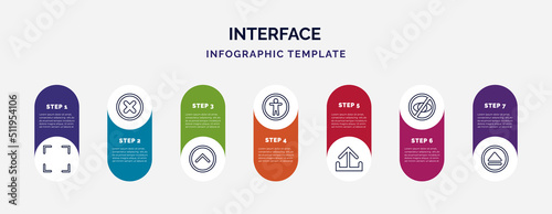 infographic template with icons and 7 options or steps. infographic for interface concept. included fullscreen, x mark, up, accessability, output, hide, eject icons.