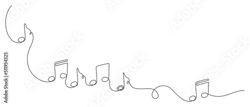 One continuous line drawing of musical notes. Horisontal web banner and minimalist logo of sound and music school in simple linear style. Editable stroke. Doodle vector illustration