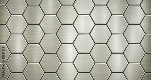 Abstract metallic background in yellow colors with highlights, consisting of voluminous convex hexagonal plates