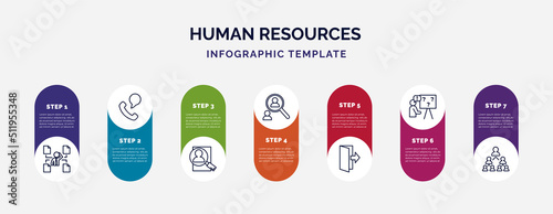infographic template with icons and 7 options or steps. infographic for human resources concept. included multitask, contact, hiring, recruitment, quit, problems, company structure icons.