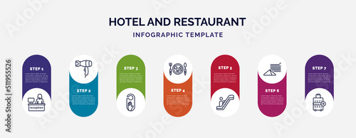 infographic template with icons and 7 options or steps. infographic for hotel and restaurant concept. included receptionist, hairdryer, do not disturb, breakfast, or, napkins, left-luggage icons.
