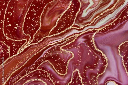 Red agate golden lines on Alcohol ink fluid abstract texture fluid art with gold glitter and liquid