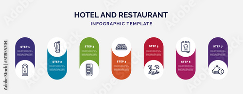 infographic template with icons and 7 options or steps. infographic for hotel and restaurant concept. included door hanger, fire extinguisher, vending hine, takoyaki, beach, cookbook, reservation