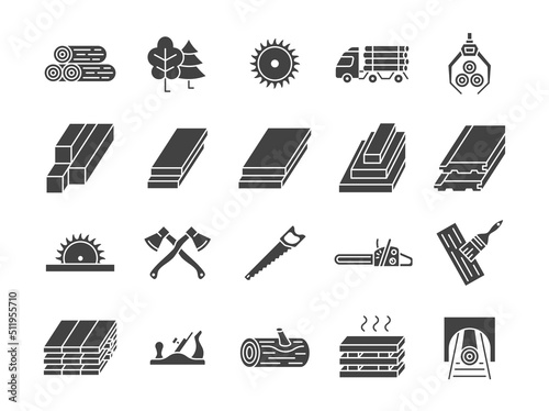 Lumber glyph icon set. Sawmill collection with log, axe, logging truck, saw, tree, carpentry. Vector illustration.