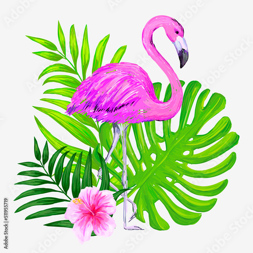 Abstract drawing for t-shirts with pink flamingo and tropical leafs. Creative design for girl. Fashion illustration in summer style on white background.