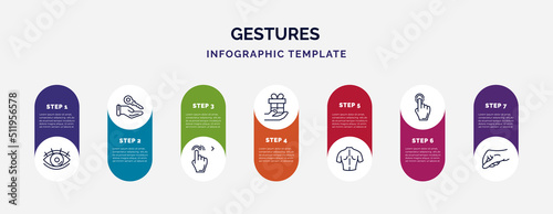 infographic template with icons and 7 options or steps. infographic for gestures concept. included watch dark eye, hanging over the key, drag right, give a gift, body parts, drag down, grab icons.