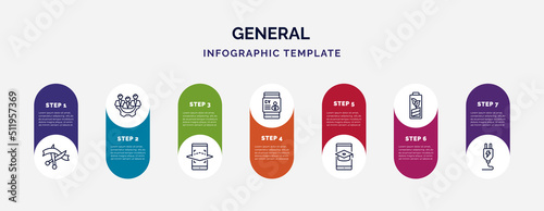 infographic template with icons and 7 options or steps. infographic for general concept. included inauguration, hr policies, ar platform, hr software, distance learning, eco battery, electric plug