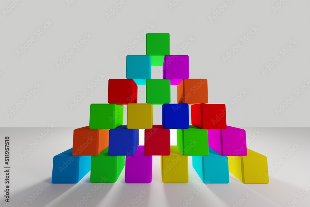 Fototapeta premium Colored three-dimensional children's bright cubes as a pyramid, abstract illustration, 3d rendering