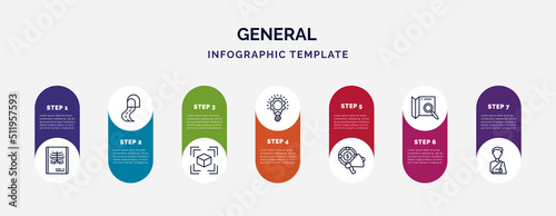 infographic template with icons and 7 options or steps. infographic for general concept. included x-ray, road tunnel, model preparation, inspiration, marketing budget, map search, shoulder
