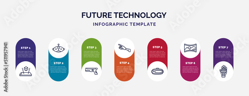 infographic template with icons and 7 options or steps. infographic for future technology concept. included augmented reality, avatar, blaster, robot arm, vr glasses, panoramic view, wired gloves